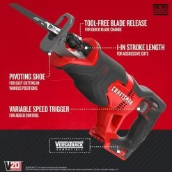 CRAFTSMAN 20-Volt MAX Variable Speed Cordless Reciprocating Saw (Tool Only) 17 CRAFTSMAN 20-Volt MAX Variable Speed Cordless Reciprocating Saw (Tool Only) -CRAFTSMAN shop 1033805 11666843