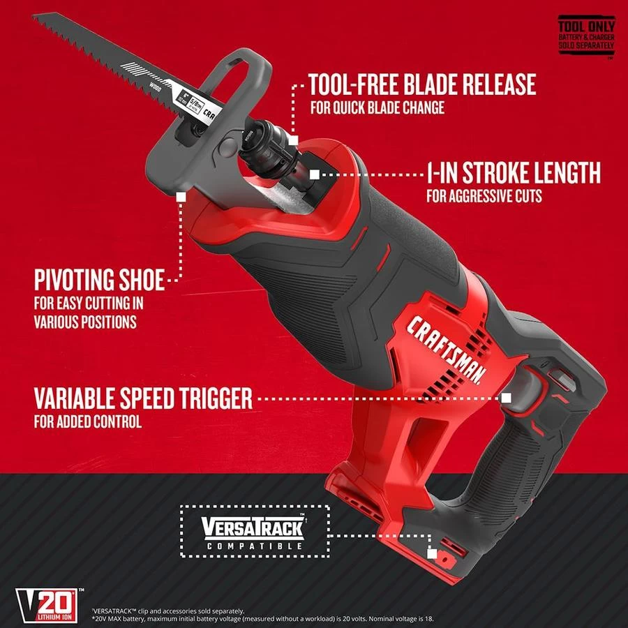CRAFTSMAN 20-Volt MAX Variable Speed Cordless Reciprocating Saw (Tool Only) 9 CRAFTSMAN 20-Volt MAX Variable Speed Cordless Reciprocating Saw (Tool Only) - Image 9