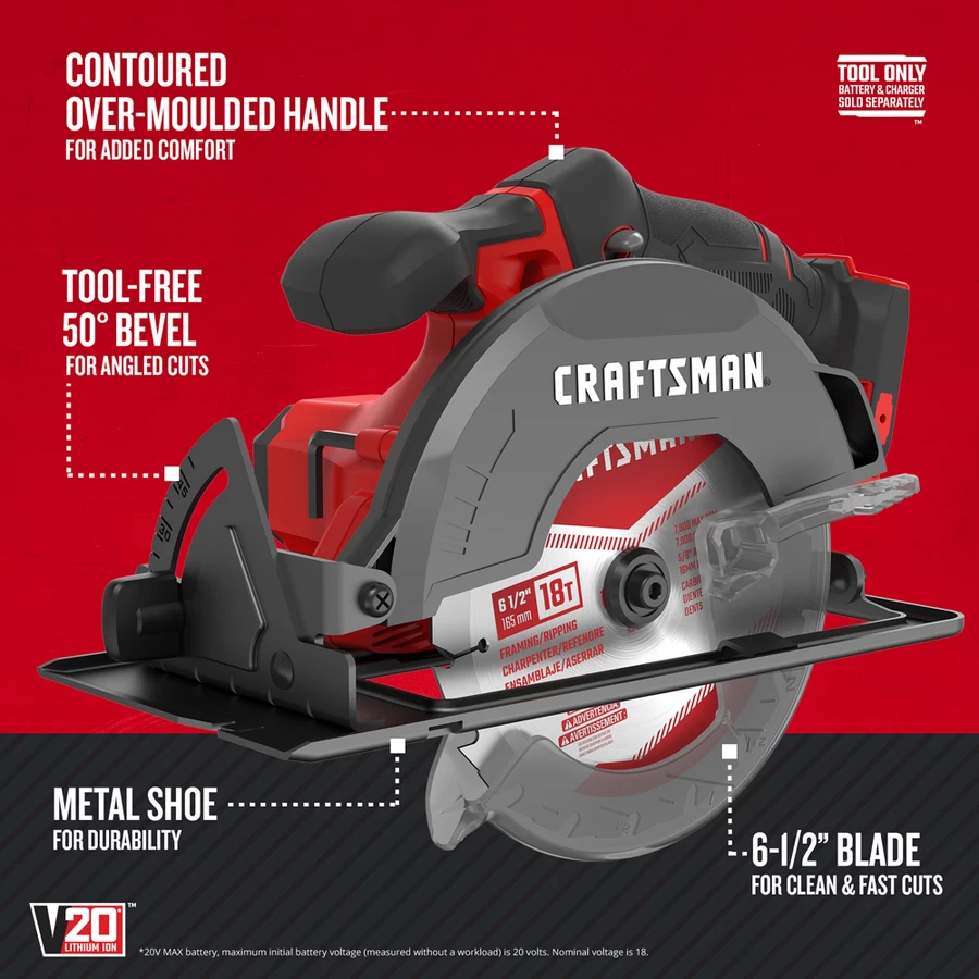 CRAFTSMAN 20-Volt MAX 6 1/2-in Cordless Circular Saw (Tool Only) 7 CRAFTSMAN 20-Volt MAX 6 1/2-in Cordless Circular Saw (Tool Only) - Image 7