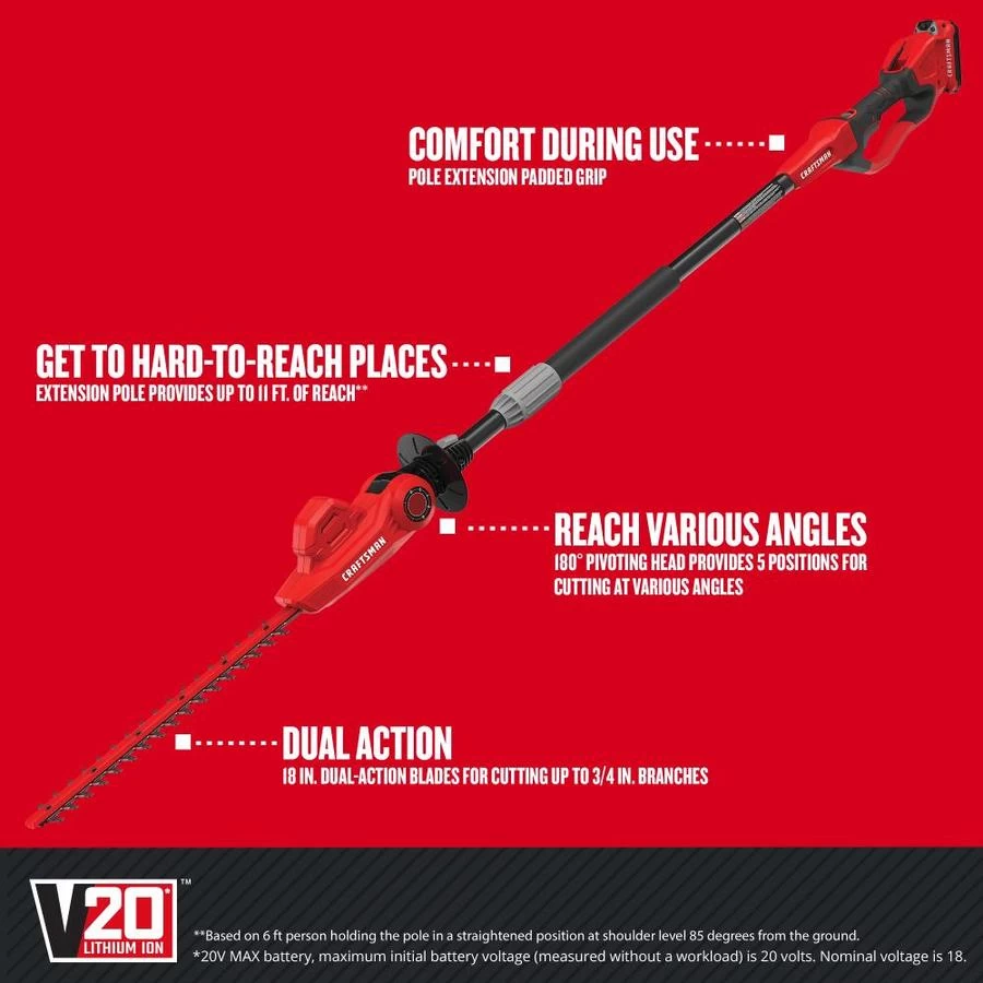 Craftsman Cordless 18-in Pole Hedge Trimmer - 20 V - Red 2 Craftsman Cordless 18-in Pole Hedge Trimmer - 20 V - Red - Image 2