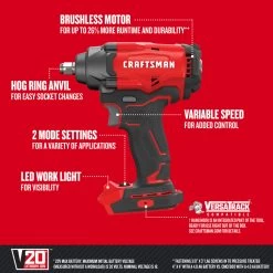 CRAFTSMAN V20 20-Volt Max 1/2-in Drive Brushless Cordless Impact Wrench (Tool Only)