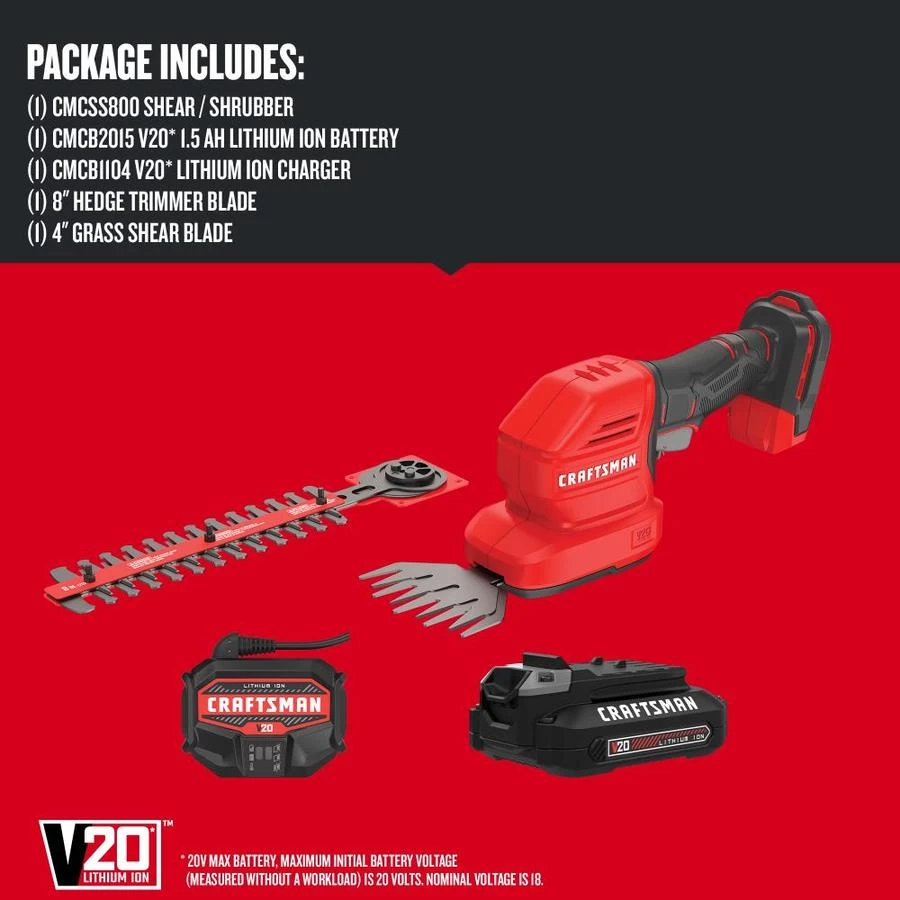 Craftsman 2-in-1 Cordless Electric Hedge Trimmer - 20 V MAX - 8-in 2 Craftsman 2-in-1 Cordless Electric Hedge Trimmer - 20 V MAX - 8-in - Image 2