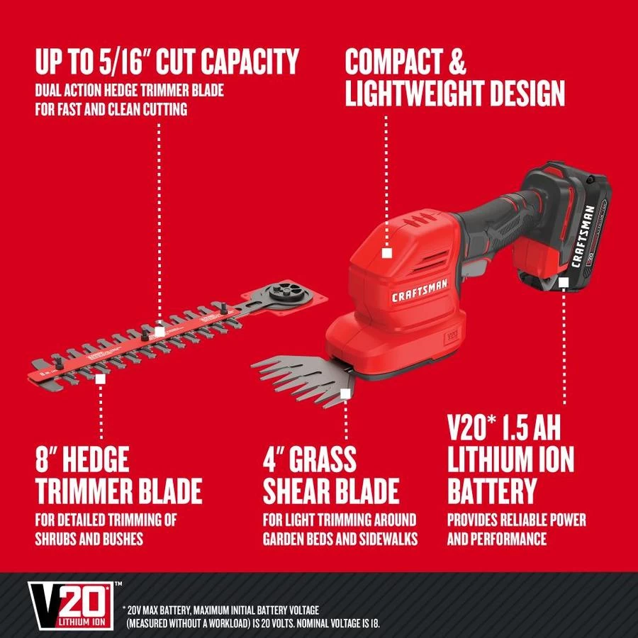 Craftsman 2-in-1 Cordless Electric Hedge Trimmer - 20 V MAX - 8-in 7 Craftsman 2-in-1 Cordless Electric Hedge Trimmer - 20 V MAX - 8-in - Image 7